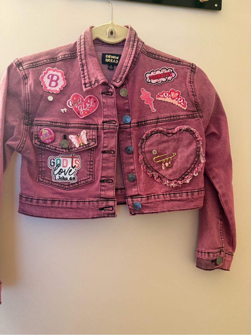 Girls' Pink Embroidered Heart Patch Denim Jacket